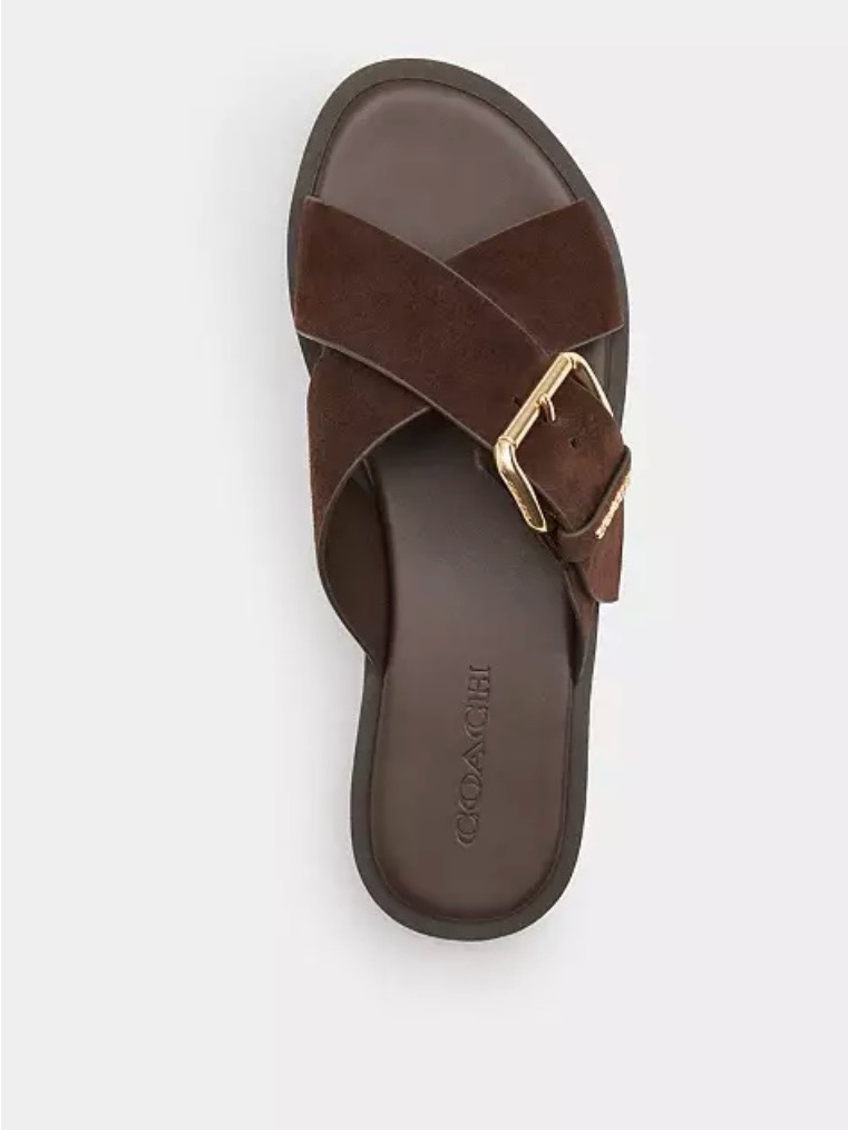 Coach Dark Brown Suede Cross-Buckle Slide Sandal